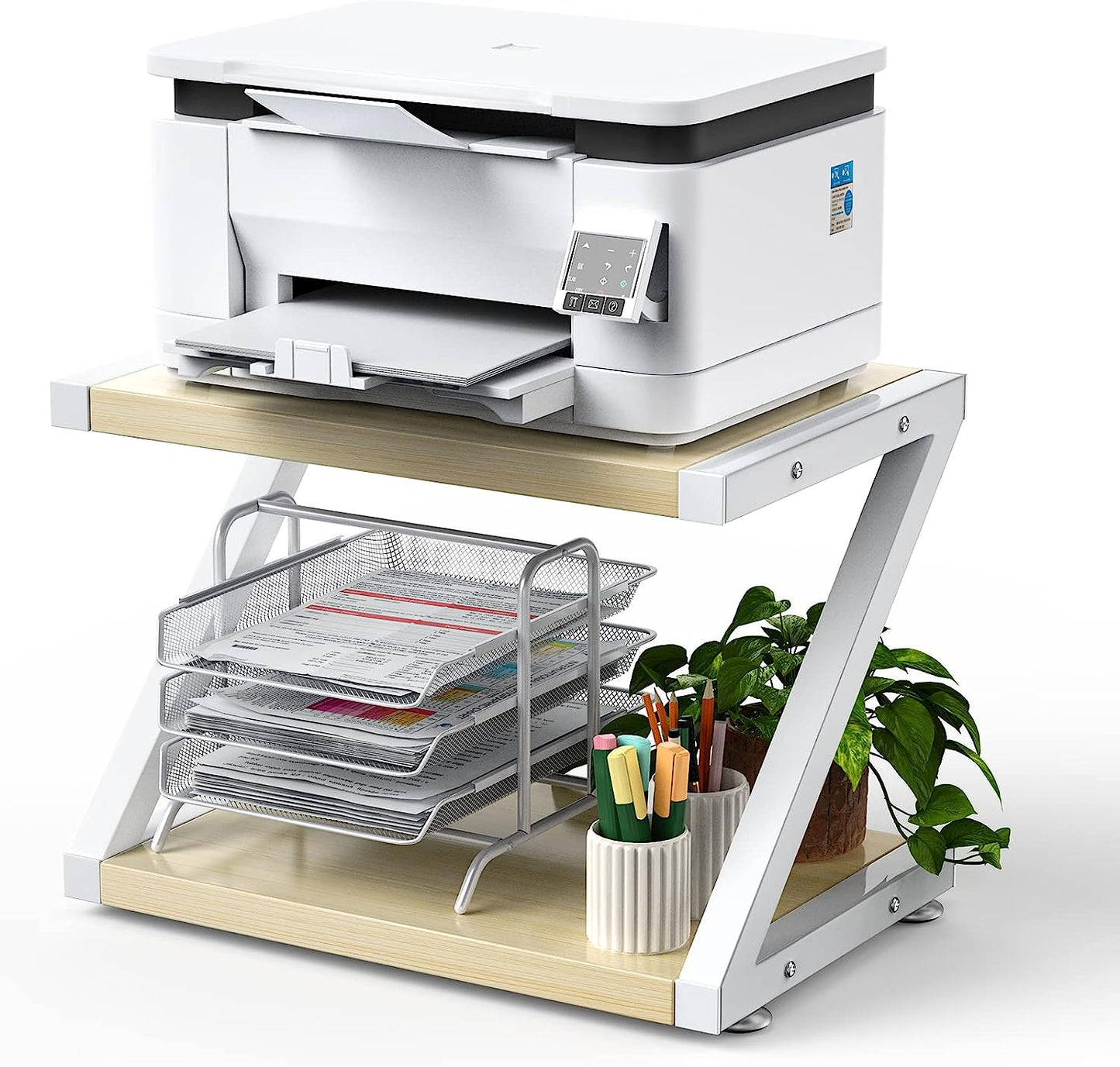 Printer Stand with Storage, Desktop Shelf with Anti-Skid Pads, Printer Table Organizer W/ 2 Tier Tray & Hardware & Steel (Light Wood)