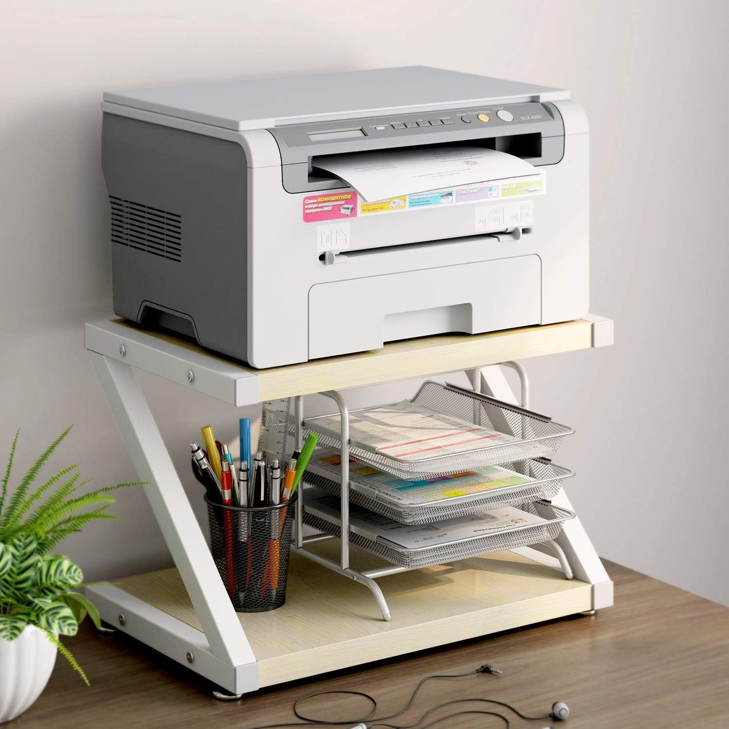 Printer Stand with Storage, Desktop Shelf with Anti-Skid Pads, Printer Table Organizer W/ 2 Tier Tray & Hardware & Steel (Light Wood)