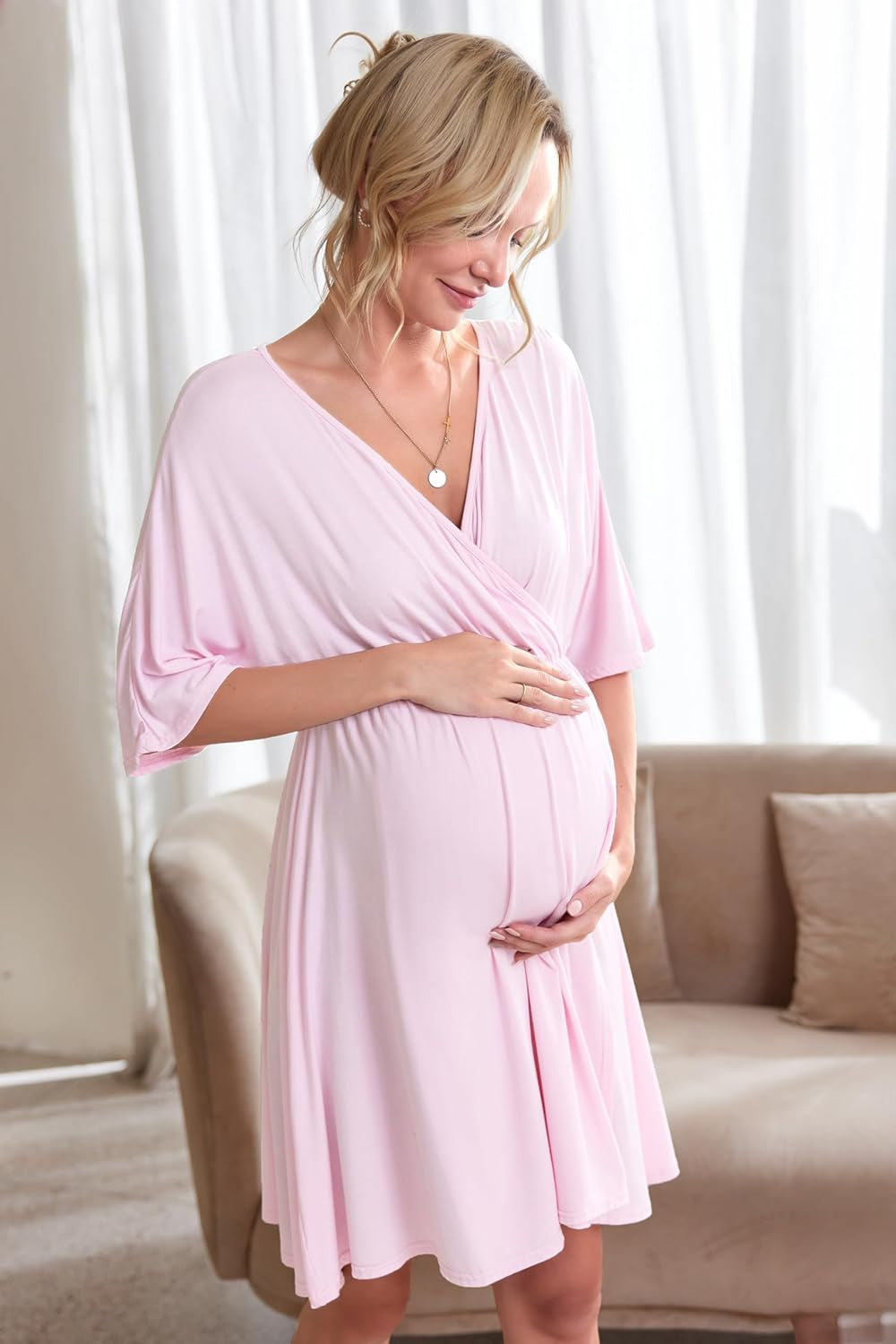 3 in 1 Labor/Delivery/Hospital Gown Maternity Dress Nursing Nightgown Sleepwear for Breastfeeding, Light Pink, Small