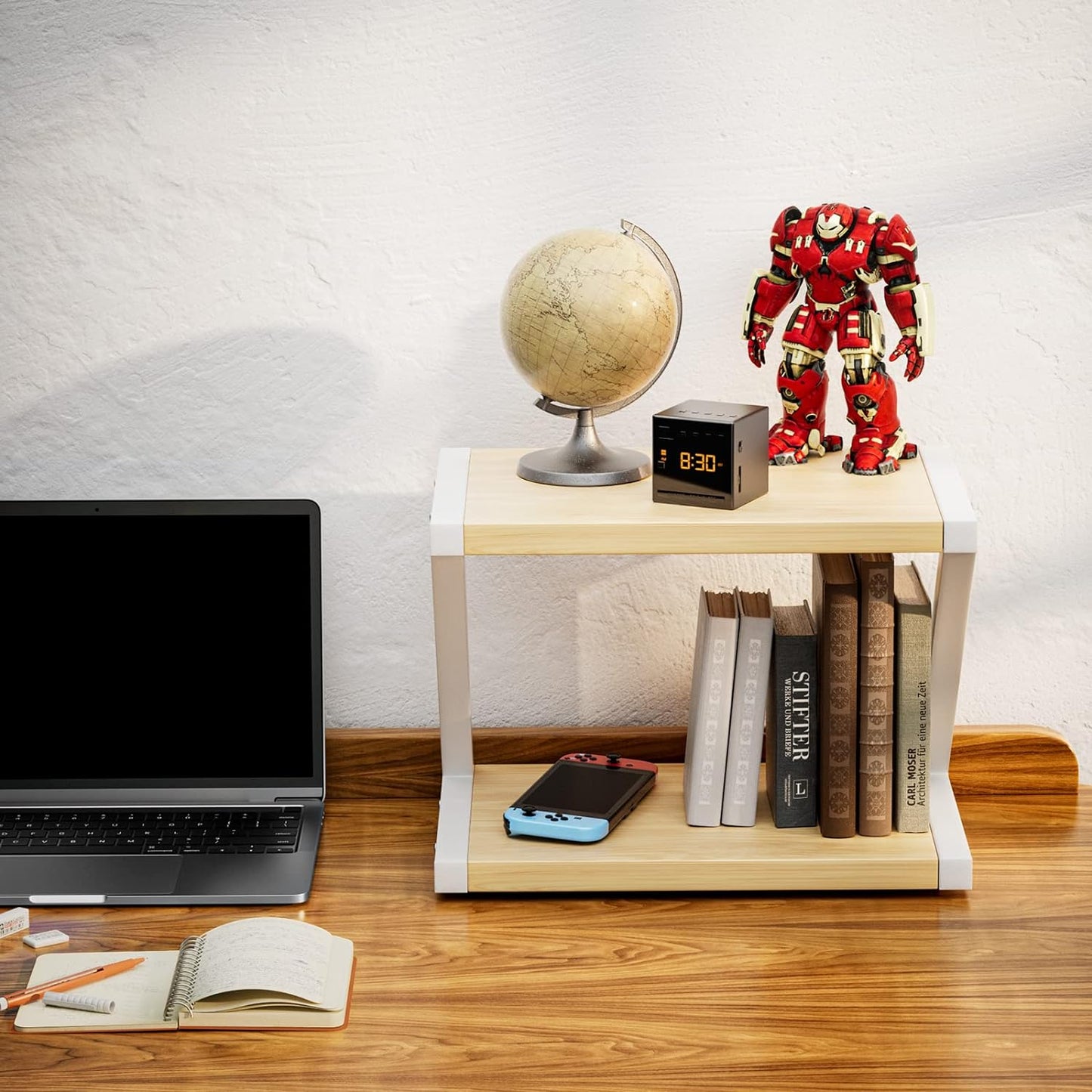 Printer Stand with Storage, Desktop Shelf with Anti-Skid Pads, Printer Table Organizer W/ 2 Tier Tray & Hardware & Steel (Light Wood)
