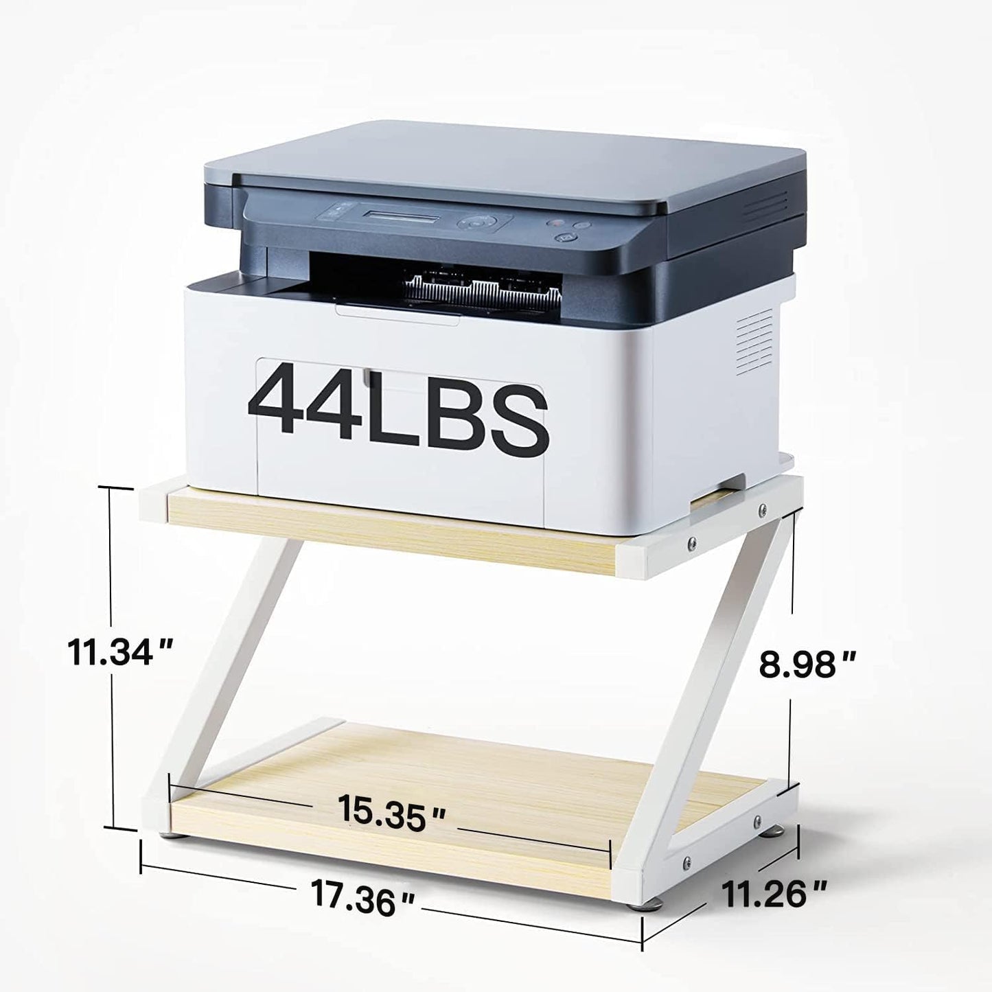 Printer Stand with Storage, Desktop Shelf with Anti-Skid Pads, Printer Table Organizer W/ 2 Tier Tray & Hardware & Steel (Light Wood)