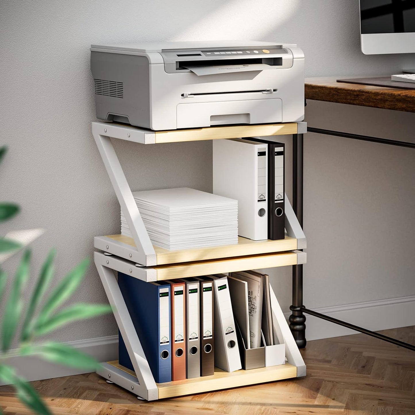 Printer Stand with Storage, Desktop Shelf with Anti-Skid Pads, Printer Table Organizer W/ 2 Tier Tray & Hardware & Steel (Light Wood)