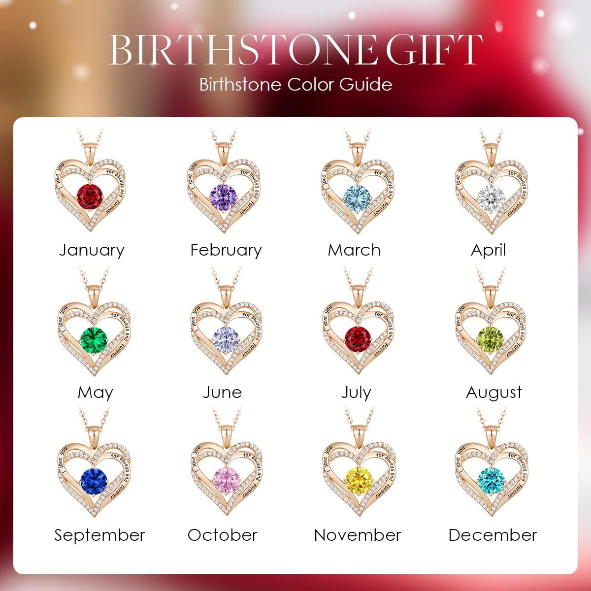 Forever Love Heart Necklaces for Women, Wedding Anniversary, Birthday Mothers Day Gifts for Mom, Mother, Wife, Girlfriend, S925 Silver Jewelry with Birthstone Pendant