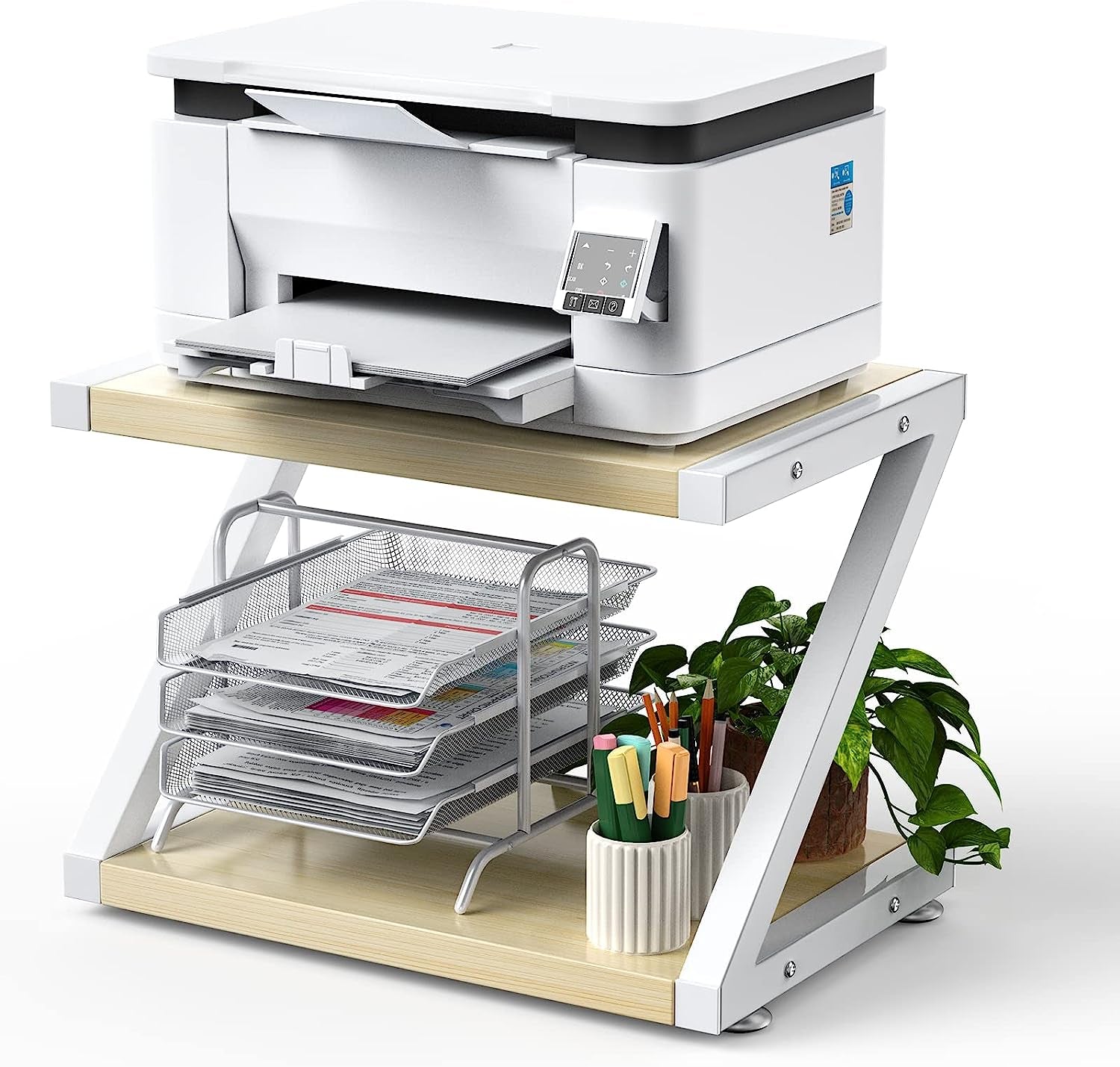 Printer Stand with Storage, Desktop Shelf with Anti-Skid Pads, Printer Table Organizer W/ 2 Tier Tray & Hardware & Steel (Light Wood)