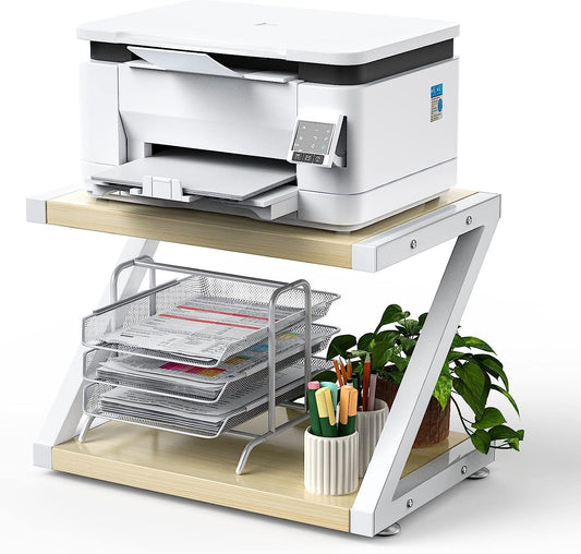 Printer Stand with Storage, Desktop Shelf with Anti-Skid Pads, Printer Table Organizer W/ 2 Tier Tray & Hardware & Steel (Light Wood)