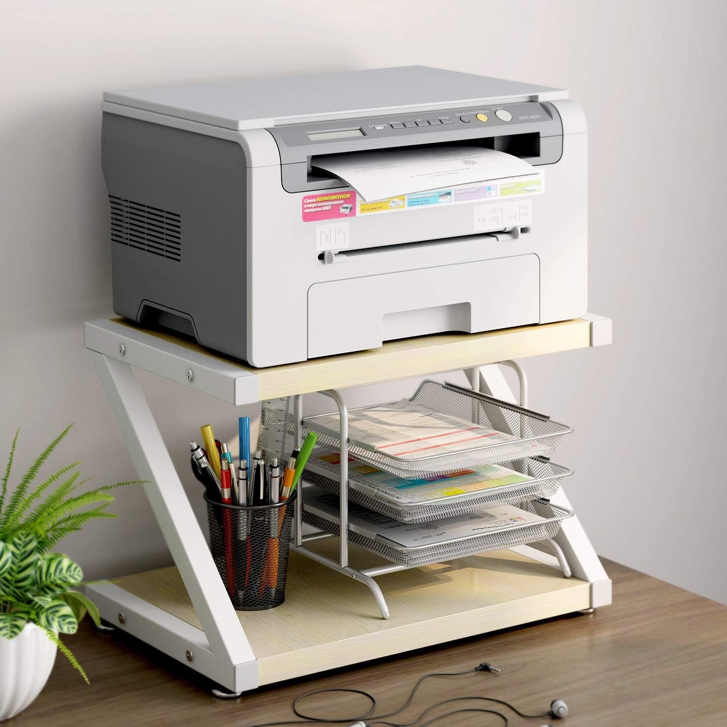 Printer Stand with Storage, Desktop Shelf with Anti-Skid Pads, Printer Table Organizer W/ 2 Tier Tray & Hardware & Steel (Light Wood)