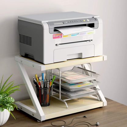Printer Stand with Storage, Desktop Shelf with Anti-Skid Pads, Printer Table Organizer W/ 2 Tier Tray & Hardware & Steel (Light Wood)