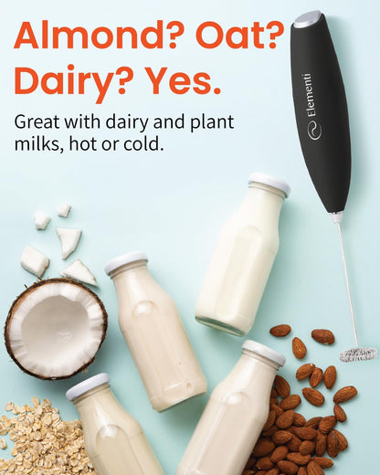 Milk Frother Wand & Drink Mixer with Stand - Turbo Milk & Coffee Frother Handheld - Hand Held Coffee Mixer Wand & Cold Foam Maker for Frothy Cappuccinos, Lattes & Drink Mixes at Home - Black